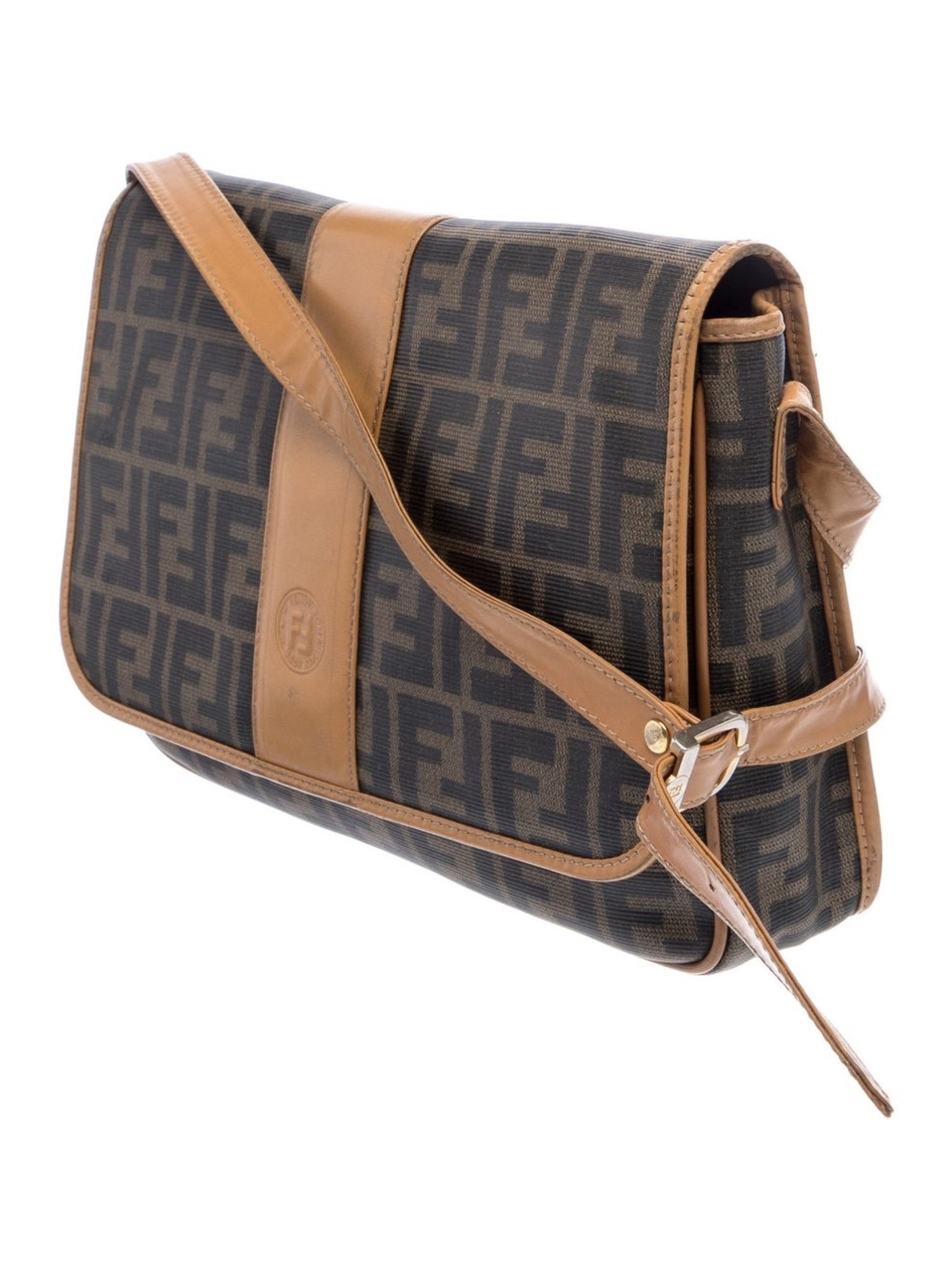Fendi Dark Brown Monogram Messenger Bag with Tan Trim